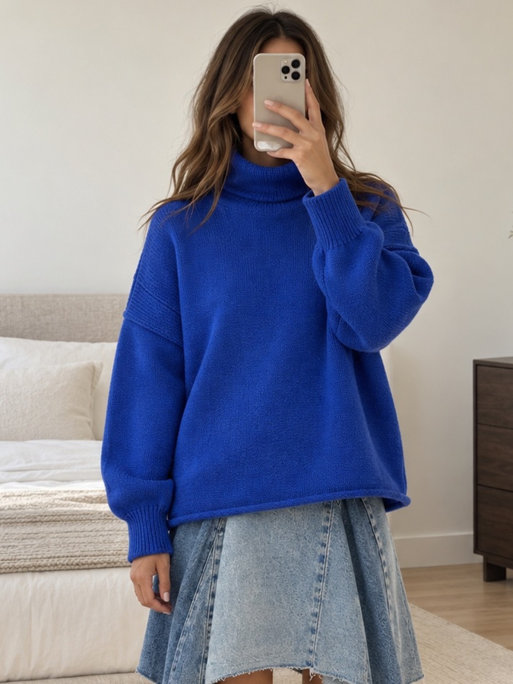 Free People We The Free Torres Turtleneck Sweater Skipper Blue Cotton Size M NWT